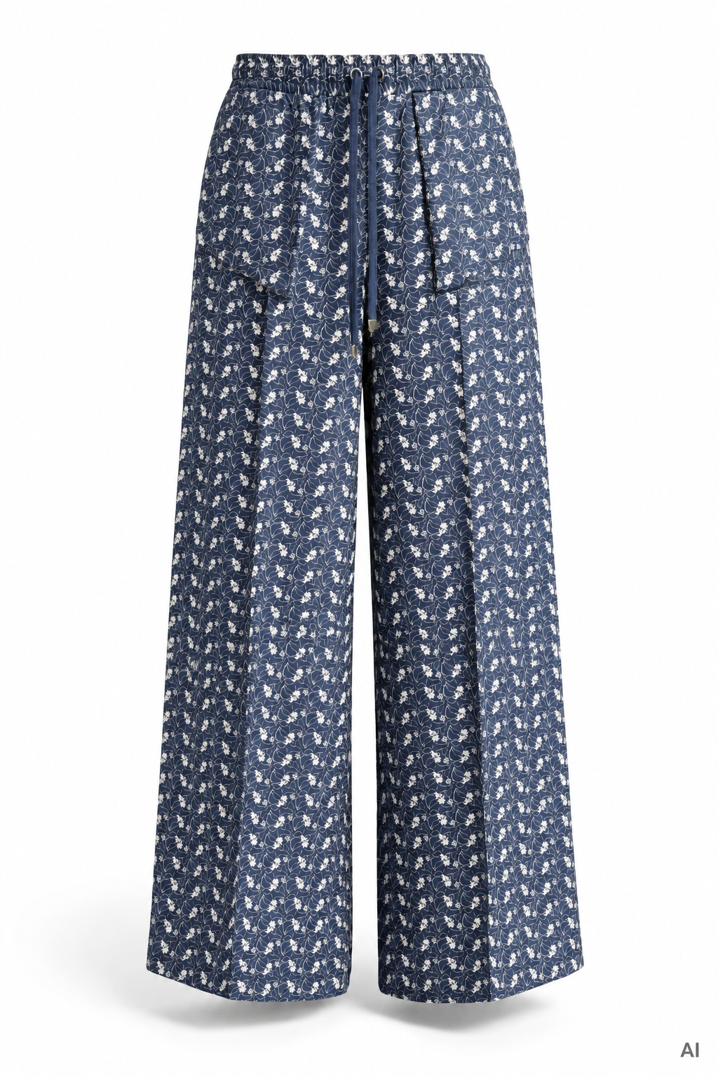 Palazzo Pants in Blau mit weißer Blumenstickerei, AI-generierte Darstellung